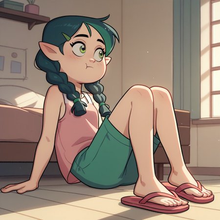 score_9, score_8_up, score_7_up, solo, 1girl,
fair skin, pointed ears, olive-green eyes, navy-blue hair with a few, loose strands, pale green streaks, twin pigtails, twin braids that go past her shoulders, indoors, livingroom,
pink sleeveless top with white shoulder straps, green shorts, blue flip-flops, and a pink butterfly hair clip