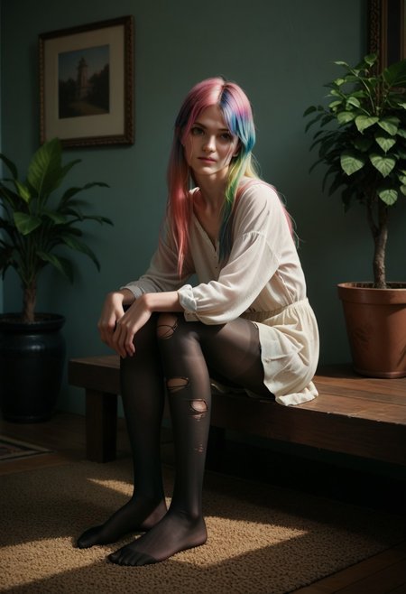 score_9, score_8_up, score_7_up, score_6_up, source_anime, masterpiece, newest,
Highly detailed, 1girl, slender, innocent, sitting, arms at sides, long hair, opaque pantyhose, no shoes, colorful hair, multicolored hair,  casual clothes, realistic, long legs, potted plants, ripped pantyhose