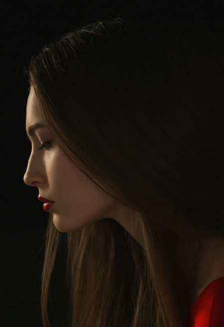 nighttime, 1girl, profile, solo, lips, long hair, from side, red theme, <lora:sdxl_nighttime:1>