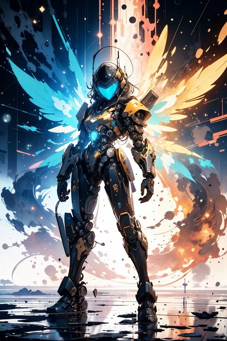 (Masculine Painting:1.3) of (Simple illustration:1.3) <lora:wrenchsmechs:0.8> wrenchsmechs, glowing, <your_color> mecha, halo, mechanical wings, long hair,robot,((cyborg)),machine,futuristic,concept Art by senior character Artist,featured on zbrush central,trending on polycount,trending on ArtStation,CGSociety,hard surface modeling