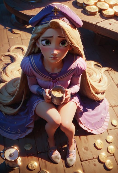score_9, score_8_up, score_7_up, score_6_up, score_9, score_8_up, score_8, semi realistic, rapunzel, long blonde hair, ((mature face)), intricate details, moody lighting, volumetric lighting, cinematic lighting, depth of field, bokeh, masterpiece, (best quality:1.1),  (masterpiece:1.2), beautiful detailed, (((standing in harbor, ships in background, outside))), (from above), sailor outfit, sailor hat, girly colors, ((sitting on floor, beggar)), looking at viewer, ((long legs, dirty shoes)), (((holding cup filled with coins, cup in hand)), sad, blush, slim face, ashamed, embarrassed cinematic lighting, depth of field