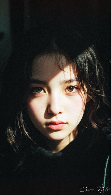 A girl staring at you from the darkness. Striking eyes.