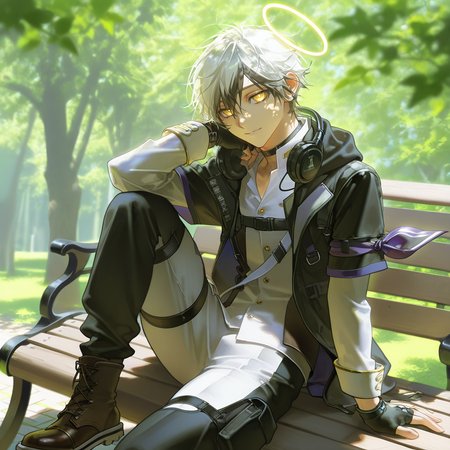 1boy, adnachiel \(arknights\), adnachiel, solo, (mature male:1.2), tilted halo, yellow eyes, bright pupils, short hair, white hair, black streaked hair, (artist:krenz, artist:quuni, artist:yoneyama mai, artist:mebaru:1.2), nyalia, depth of field, photo background, realistic lighting, tree shade, looking at viewer, sitting, sitting on bench, one leg up, light smile, short over long sleeves, white gakuran, white shirt, gold buttons, collared shirt, white sleeves, sleeve cuffs, choker, black headphones, headphones around neck, black jacket, chest belt, short-sleeved jacket, hood up, bandana around arm, single wristband, open jacket, thigh strap, thigh pouch, two-tone pants, white pants, black pants, fingerless gloves, black gloves, brown boots, (white shoe sole:1.1), symmetrical eyes, masterpiece, best quality, newest, absurdres, highres, explicit, <lora:å®å¾·åå°5 lora.TA_trained:0.8>, <lora:nyalia:0.4>, <lora:DetailedEyes_xl_V2:1>, <lora:add-detail-xl:2>, <lora:ChamIllustriousBackgroundEnhancer:0.7>