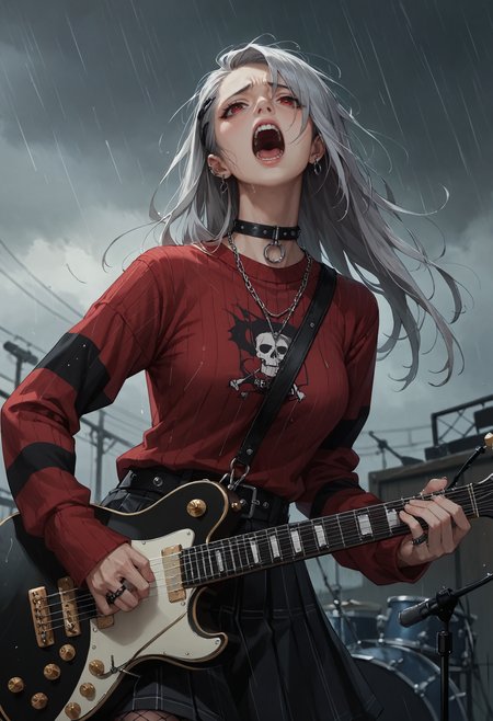 score_9, score_8_up, score_7_up, score_6_up, score_5_up, score_4_up, source_anime, high res image, masterpiece, best quality, 1girl, solo, <lora:Kazuki Dora V2:0.8> Kazuki, silver hair, long hair, red eyes, head back, anguish, wailing, screaming, rain, overcast, downpour, depth of field, rooftop, <lora:StS_age_slider_v1_initial_release:2> <lora:Concept Art Twilight Style SDXL_LoRA_Pony Diffusion V6 XL:0.8> concept art, <lora:electric_guitar___playing_instrument:1> playing_instrument, electric_guitar, HDA_EmoFashionXL,
