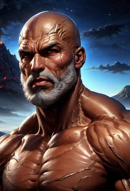 4k, digital art, semi realistic, fantasy, best quality, masterpiece, very detailed,  dynamic camera angle, sharp focus dynamic pose, close up, face focus, face portrait of a  male bodybuilder, very mature, wrinkles, tan skin, bald, very long beard, round face, strong features,  big lips, big eyes, anime eyes, defined eyes, defined eyebrows, greek god, wearing a torn tunic, wearing silver, ancient greece, night sky, active volcano on the background, (cinematic light, volumetric), splash art