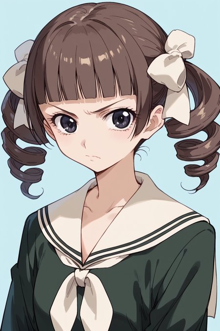 score_9, score_8_up, score_7_up, score_6_up,
 <lora:Touko_Matsudaira:0.9> touko, 1girl, solo, school uniform, drill hair, serafuku, twin drills, brown hair, frown, looking at viewer, parody, blunt bangs, white neckerchief, upper body, black eyes, twintails