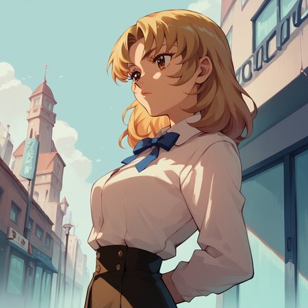 <lora:SlimesPoliceDisguise:1>, score_9, score_8_up, score_7_up, slimes_policedisguise, woman, solo, blonde hair, brown eyes, waist up shot, hands behind back, city background