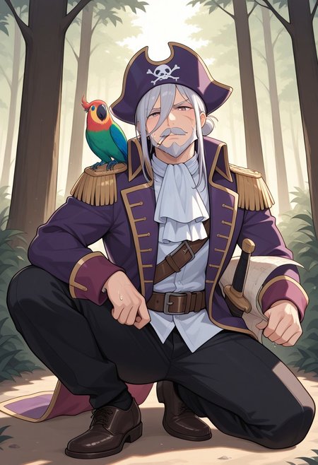 masterpiece, best quality, absurdres, newest, perfect quality, best quality, absolutely eye-catching, detailed background, intricate details, mbti_entj, 1boy, mature man, aged man, solo, male focus, silver hair, long hair, man bun, long bangs, moustache, beard, scar on face, pirates suit, purple hat, white shirt, purple jacket, black pants, sea ornament on waist, brown belt, black leather shoes, parrot, parrot perch on shoulder, sword on waist, outdoor, forest, shadow, warm natural lighting, lively and bustling atmosphere, background details visible, annoyed expression, sweating, cigarette on mouth, teeth, holding map