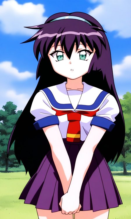general,highres, ultra-detailed,very aesthetic,best quality ,best hands, BREAK  <lora:Amano_Misao_Pretty_Sammy_IS:1>
Amano_Misao, 1girl, solo, purple hair, long hair, bangs,  light blue hairband, green eyes,  hair between eyes, 
school uniform, purple skirt, short sleeves, pleated skirt, 
sailor collar, red neckerchief, parted lips,
v arms, 
looking at viewer, cowboy_Shot,
sky, grass, tree, cloud,