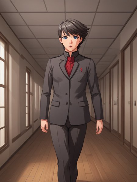 1boy, solo, ethantokiohollo, black hair, swept bangs, blue eyes,, black jacket, closed jacket, red shirt, black pants, school uniform, gakuran, emblem, indoors, school, corridor, walking, parted lips, cowboy shot,