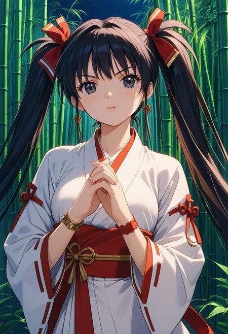 score_9, score_8_up, score_7_up, score_6_up, source_anime, 1990s \(style\), highly detailed character, Ennochiaki XL,black eyes,bangs, twintails, jewelry, bracelet, long hair, black hair, ribbon-trimmed sleeves, japanese clothes, very detailed hands, beautiful face, glossy lips, sensual, masterpiece, best quality, detailed background, intricate detailed backround, highly detailed hair, fine skin, night, outdoors, thick bamboo forest, dynamic lighting, dutch-angle, handing a hand-full of ofuda, looking at viewer, angry expression, dynamic attack pose, (((ambient light through bamboo thicket)))