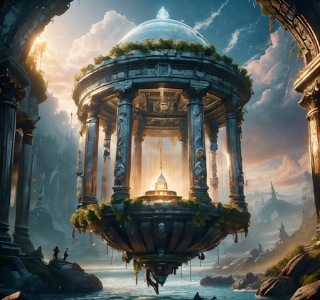 RAW photo, (masterpiece:1.3), subsurface scattering, heavy shadow, (high quality:1.4), (intricate, high detail:1.2), professional photography, HDR, High Dynamic Range, realistic, ultra realistic, photorealistic, high resolution, film photography, ambient lighting, atmospheric effects, <lora:detail_slider_v4:2>, OverallDetail,  <lora:Magical_Place:1>, cloudy sky, fantasy, floating island, small temple