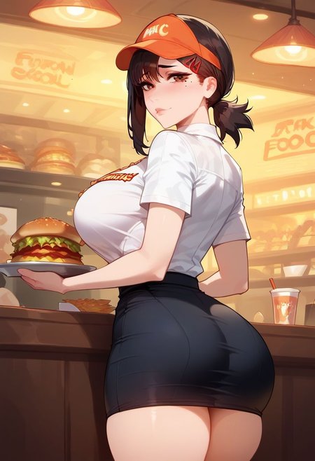 score_9, score_8_up, score_7_up, score_6_up, score_5_up, score_4_up, Expressiveh, 1girl, beautiful, sexy, cute, highres image, masterpiece, light-skinned male, perfect eyes, perfect face, 
kobeni higashiyama, black hair, hair ornament, hairclip, mole, ponytail, short hair, brown eyes,, solo, ass focus, big breasts, mac, employee uniform, fast food uniform, visor cap, short sleeves, clothes writing, white shirt, black pencil skirt, fast food restaurant, indoors, holding plates,