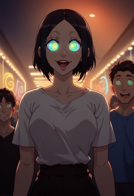 score_9, score_8_up, score_8_up, raw, 
tsato, black hair, short hair, mole under eye, white t-shirt, black shorts,
arcan3styl3v1, blurry background, depth of field, indoors, night club, crowd, blurry crowd, colored lighting, strobe lights, lasers, neon, screens, cowboy shot, kneeling, mouth open, wide eyes, ((kaa eyes)), (goofy smile:0.6),
43stl1ght1ng, low light, dramatic lighting, darkness,