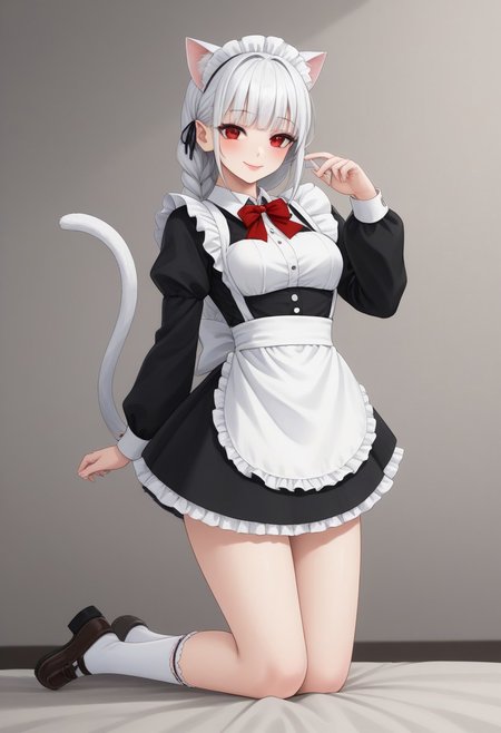 1girl, anime, Whirte hair, braid on the side hair, bangs, medium long hair,  White cat ears, Fluff in ears,  white cat tail,  white skin, small boobs, wide hips, maid outfit , ankle socks, red eyes, semi close eyes , smile, lipstick , blush easynegative,ng_deepnegative_v1_75t
