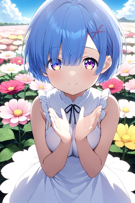 rem, 1girl, solo,petite, short bob, large breasts,close up,standing,looking at viewer,flowerhands,white dress, Make flower shape with both hands, open palms,incoming,upperbody,smile,cloud,flower park,wind,feather <lora:better skin typeB-v1:0.7> <lora:XDetail_light:1>masterpiece,best quality,source anime
 <lora:negativeXL_D:1> <lora:_sdxl-flowerhands:0.7>  <lora:rem rezero xl:0.7>