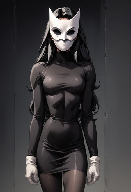 (fr0nt1nn0c3ntStyl3), (Style: Front Innocent), score, score_9, score_8_up, score_7_up, score_6_up, _5_up, score_4_up, source_anime, (masterpiece), high quality, 4k, Artist style: Bruce Timm, DCAU, DC comics, Western Comics, masked_woman, m4skedw0m4n, BREAK, 1woman, Calendar_Girl, (Page Monroe), long hair, black hair, skintight clothing, long-sleeved dress, black dress, black tights, petite, (white mask), (mask:1.6), (monochromatic outfit), gloves, (black eyes:1.5), (no eyes:1.4)