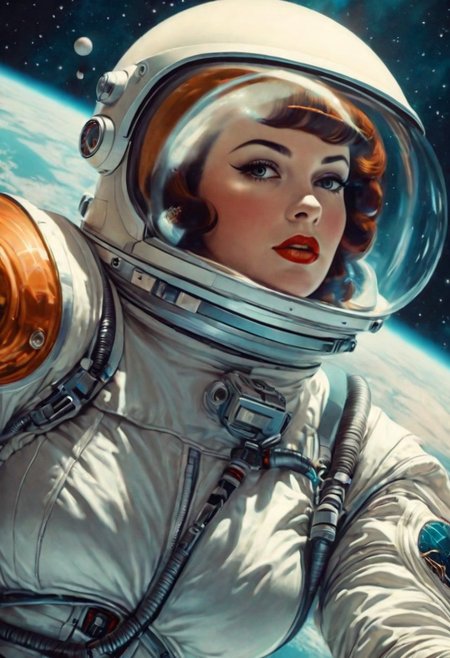 (a realistic photo in the retro art style), a retro-futuristic close-up portrait of a curvy and playful pin-up wearing a cosmonaut spacesuit floating in space <lora:retro_XL_2:0.8>