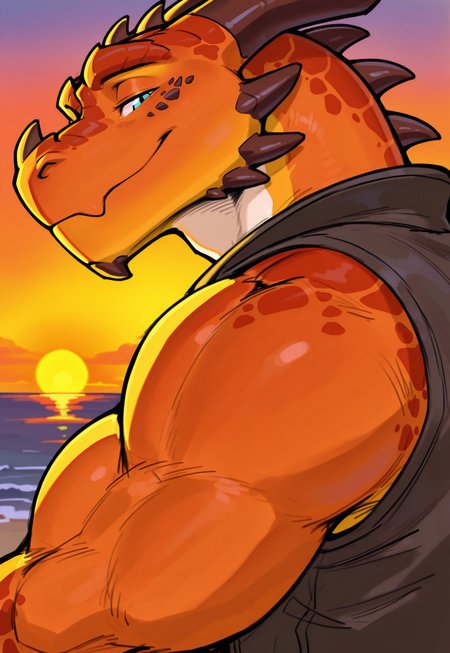 furry, solo,dragon, horns  , muscular male, 
, close up, reaching, upper body, sunset, (sleeveless jacket), looking at viewer, close up, beach, side view, nice eyes, eyes, red and orange body, 



, 2024, 2023, r422per, masterpiece,best quality,amazing quality,
