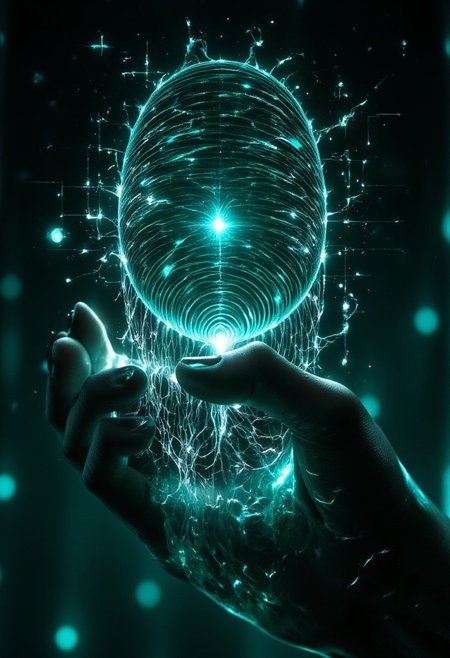 Emo woman upper body face close up. A hyper-detailed, futuristic close-up of a human fingertip illuminated by a soft green glow, revealing a complex, holographic circuit pattern etched into the skin, resembling a digital fingerprint. The intricate lines and nodes of the circuitry shimmer with a faint white and blue light, symbolizing advanced biometric technology. Surrounding the finger, a semi-transparent user interface displays scanning progress indicators, synchronization bars, and faint text overlays, adding to the high-tech aesthetic. The background is softly blurred, suggesting a sleek, digital environment while emphasizing the focus on the finger and its augmented details. <lora:aidmaFLUXPro1.1-FLUX-v0.3.safetensors:1.0>,  <lora:Dark side of light.safetensors:0.55>, <lora:Glitchcore_Flux.safetensors:0.8>,