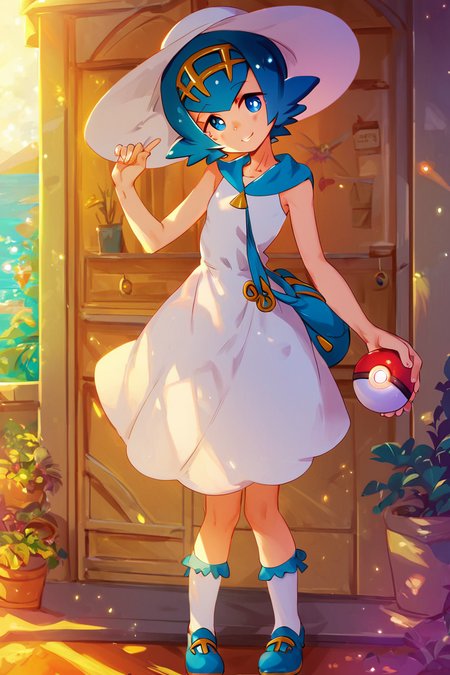 score_9, score_8_up, score_8, (curvy), cute, eyelashes,      ,,,  zzLana, blue eyes, short hair, bright pupils,  hat, dress, standing, full body, shoes, sleeveless, socks, white dress, kneehighs, sleeveless dress, white headwear, hat ribbon, sun hat,  sundress,  <lora:Shamonabe_Lana_PDXL:1.0>,   ,,, upper body, holding pokeball, head tilt, blush,  smile, looking at viewer,  ,,, embedding:zPDXL, Expressiveh, <lora:Expressive_H-000001:0.4>,