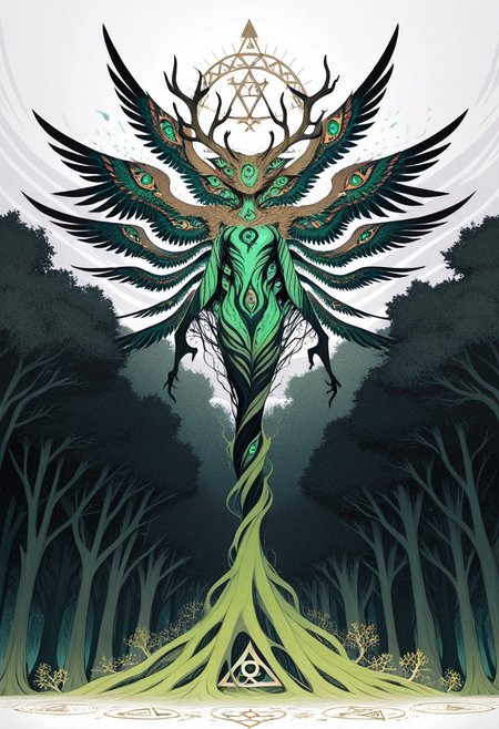 twisting , dissolving , abstract , abomination ,absurd , extreme theme ,extreme theme ,extra eyes, too many eyes, light source , illuminating , wings of eye , extra wings , Celtic symbol , green and lush , (triquetra symbol ,trinity :1.3) , tree antler ,
masterpiece, best quality ,amazing quality , concept , abstract ,