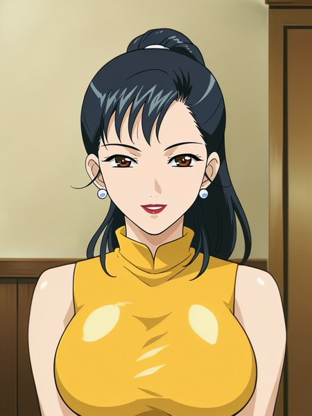 <lora:Youko_Saeki-Hitozuma_Ryoujoku_Sankanbi:0.8>,Youko,1girl,solo,brown eyes,black hair,lipstick,large breasts,earrings,ponytail,sleeveless dress, yellow dress,upper body,looking at viewer, smile,indoors