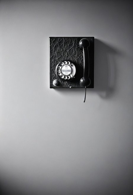 A stark black and white photograph of a vintage, wall-mounted rotary phone. The phone features a rectangular base affixed to a textured wall, with rotary dial. The handset hangs to the up, suspended by its coiled cord. The image is high-contrast, emphasizing the geometric shapes of the phone and the rough texture of the wall.