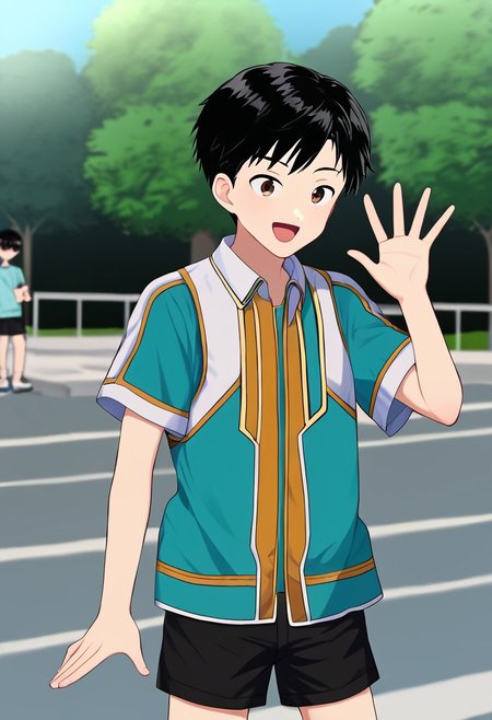 harmard, black hair, short hair, brown eyes, 1boy, solo, solo focus, wear open clothes, short sleeve, turquoise colour clothes, crop clothes, wear black shorts, outdoor setting, right hand waving gesture, handfixer