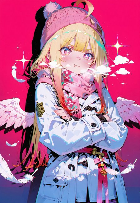 Standing,(bust shot:1.1),face focus,(closed up:1.1)

Annoyed,cold, crossed arms

1 girl,petite,(waist length hair:1.2), straight hair,blonde hair, (vibrant pink accents hair:1.1),fair skin,pink eyes, sparkling eyes,ahoge,(small wings in hips:1.1),floating feathers,

Pink beanie,pink scarf,white winter coat

(Flat colors:1.1),Flat background,Bright red color background with (shadow:1.2), glimmer, sparkling effects, (anaglyph refraction:1.5),subtle (red hue:0.8)

Cunnystyle,748cmstyle,masterpiece,best quality,amazing quality, aesthetic,(vibrant colors:1.7),(bold lines:1.3),(saturated:1.6),
