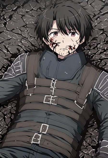 high resolution, solo, best quality, 1Boy, Inaho Kaizuka, Black Hair, fell down, revenged, conquered, dying, battered, bruised, OverallDetail