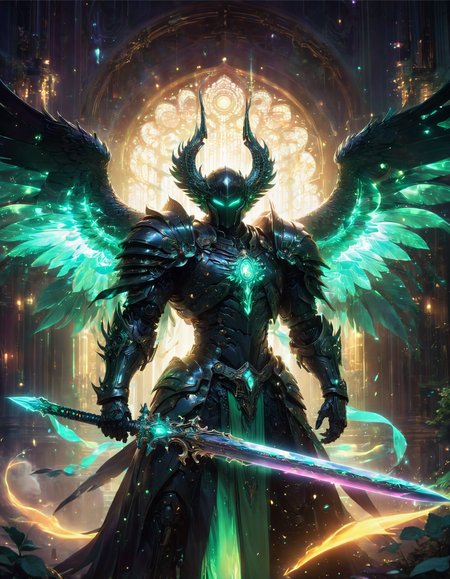 anime artwork, dark majestic figure clad in intricate armor with teal highlights, with large imposing black wings, wield a long glowing green neon sword, Set the scene with an ornate window in the background, soft light that illuminates the figure, eerie and mystical atmosphere, floating green particles, ethereal lighting effects surrounding the character, anime style, key visual, vibrant, studio anime, highly detailed, <lora:SDXLFaeTastic2400:0.5>, <lora:sdxl_lora_beksinski:0.6>, <lora:glowneon_xl_v1:0.5>, <lora:add-detail-xl:1>