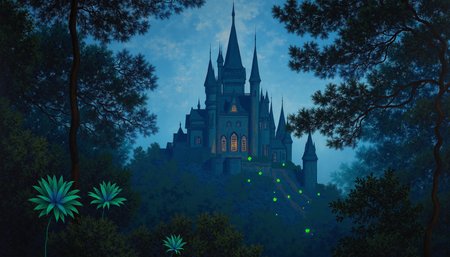 painting by Claude Money, a grand castle with soaring towers hidden within an enchanted forest, teeming with bioluminescent plants and creatures, in the mystical style