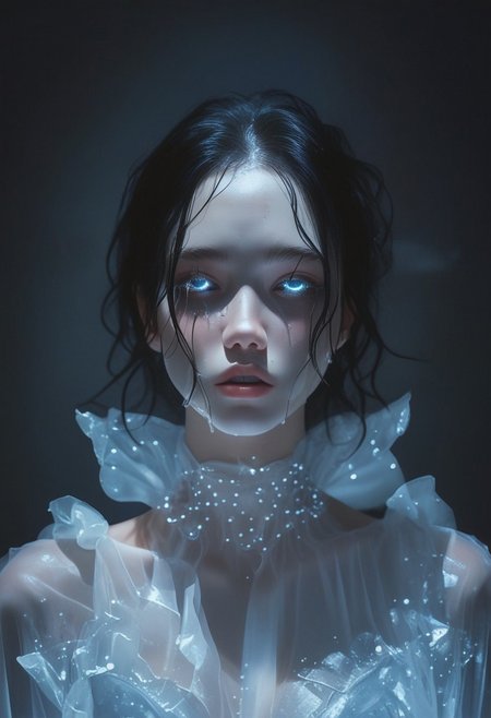 score_9, score_8_up, score_7_up, BREAK, The image depicts a high-resolution photograph of a woman's face, captured in a dramatic and surreal style. She has black hair, fair skin, and distinctive features. Her body is enveloped in a black, translucent fabric that cascades over her shoulders, producing a spectral, otherworldly effect. This is set against a stark contrast of her fair complexion and the dark backdrop, accentuated by white tears streaming down her face.