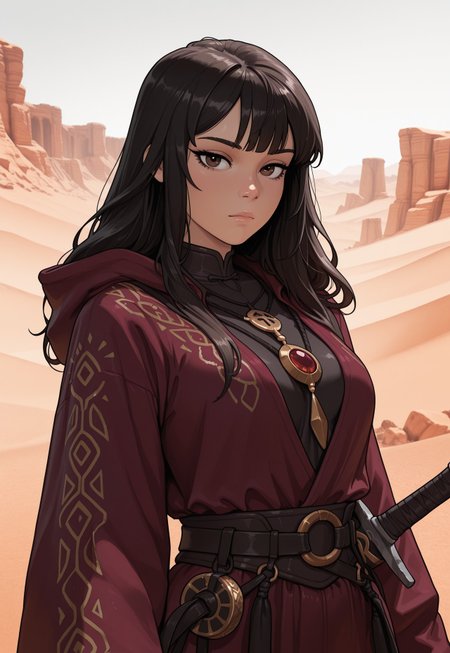 score_9, score_8_up, score_7_up, 1girl, solo, desert nomad, flowing robes with intricate embroidery and desert-inspired patterns, ancient curved scimitar with a polished bronze blade and a wrapped leather handle, long wavy black hair adorned with desert flowers, realistic, cinematic angle, cinematic lighting, slender body, mysterious face, deep brown eyes, vigilant pose
BREAK
standing guard at an oasis in the heart of the desert
BREAK
source_fantasy_art, rating_explicit, expressive, full body, dynamic pose
BREAK
detailed beautiful background, vast desert landscape with rolling sand dunes and distant mirages, lush oasis with palm trees and a sparkling pool of water, ancient ruins and desert creatures, distant mountains with rugged cliffs, mystical atmosphere with a sense of adventure and mystery
<lora:Expressive_H:0.6>Expressiveh, (SimplepositiveXLv1:1.3), (upper body, full clothed:1.85) ((masterpiece)) (ultra realistic, 32k, masterpiece:1.2), (high detailed skin:1.1), (high quality:1.1) (((full clothed))) <lora:DandonFuga_Style_v.2_-_Pony:0.8> 
<lora:add-detail-xl:1> 
<lora:Dynamic Poses:1>