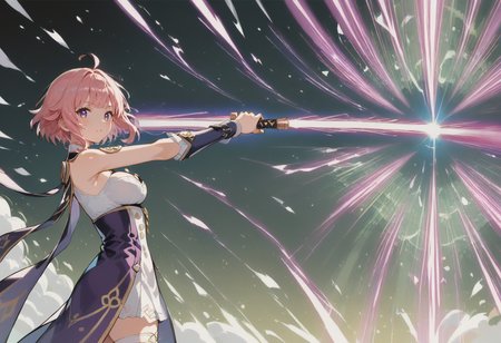 score_9, score_8_up, score_7_up, source_anime, perfect anatomy, ((outlined outlined vector graphics)), ,cute face,ã
1girl, charlotte_\(genshin_impact\),(monocle:1.5), pink hair, short hair, ,<lora:genshin_v4:0.7>,  side view ,  looking at viewer , medium   breast, slender, looking at viewer, ,focus her face,,wide shot, detailed background, outdoors,(glow eyes:0.9),fantasy,,  standing   ,  action pose ,  energy beam, openai beam,  beam splush   <lora:openai-beam-002:1.0>,   (clothed:1.3),pants,
summoning  a beam,red purple beam ,  beam saber, holding beam saber,holding a sword, weapon ,