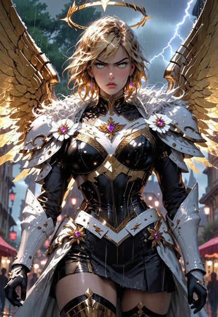 safe_pos, 1girl, sfw, gorgeous, freckles, shiny wet skin, detailed skin, detailed face, fierce:2, angry, intense glare, arched back:2, dynamic pose:2, perfect eyes, eye contact, black pupils:1.5, piercing gaze, glowing eyes, enormous valkyrie wings:2, flaming halo, decorative mystic armor, huge wings:2, action pose, slight cleavage:0.2, slight skin:0.5, armored skirt:2, flowing cape, intricate armor, shiny armor, perfect hands:2, perfect fingers, eyeliner, relaxed hands, covered breasts, thigh highs, leggings, armored boots, armored thighs, exposed neck, exposed collar bones:1.5, exposed lower thigh, showing slight leg,
BREAK
public place:2, outdoors, rain, rainy day, dark sky, dusk, lightning strike:2, stormy sky, lightning in sky, huge valkyrie wings behind her, 
BREAK
score_9, score_8_up, score_8, masterpiece, best quality, official art, extremely detailed, absurdres, high definition, photorealism, detailed shading, high contrast, ambient occlusion, 
BREAK
dynamic angle:1.5, cowboy shot:1.5, focus face, 

expressiveh, g4n1m3, comicbookpage style, mythp0rt, 