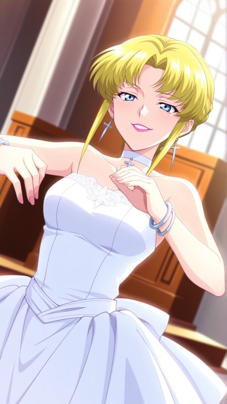 source_anime, general, best quality, masterpiece, 1girl,  <lora:Simone_Curian_ill_v1.0:1> simone_curian\(srw\),blue eyes, blonde hair, short hair,sidelocks,earrings, jewelry, choker, lipstick, bare shoulders, cross earrings, bracelet, wedding dress,chapel, happy, (smug:0.7),   dynamic pose, dutch angle,
