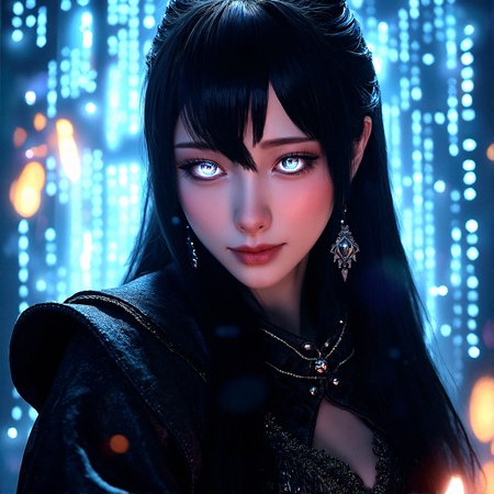 an extremely photorealistic photography of A powerful female mage with long dark hair and intricate robes, in a futuristic, neon-lit circuit board landscape, ultra-realistic textures, ultra-high definition, photorealistic, highly detailed, natural and dynamic lighting, realistic shadows, cinematic, hyperrealism

close-up face focus, Half-turned, eyes glowing, intense expression.


