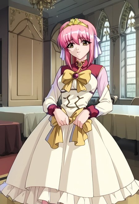 Score_9, Score_8_up, Score_7_up, <lora:kuuna:1>, pink hair, amber eyes, kuuna, hairband, tiara, dress, bow, brooch, long sleeves, looking at viewer, ((lifting skirt showing clothing interior to the viewer))),royal palace background