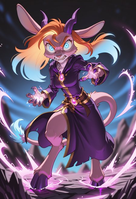 best quality, newest, absurdres, highres, depth of field, blurry background, (1girl, solo):2, (dynamic pose):2, milf, serious, cute face, (pink magic), magic aura, hands glowing pink, fantasy outfit, fighting, black and gold wizard robes, shooting magical blasts, glowing eyes, 
<lora:ponyv6_noobV1_2_adamW:0.5>, 
<lora:Vhenra2:1> vhenra, gradient hair, pink fur, purple horns, rabbit ears, blue eyes, long hair, anthro, orange hair, blue hair, fangs, orange eyebrows, glowing hair, purple claws, hooves, lion tail with blue tip, 
<lora:Fran_Cervice_IL:0.3> fran cervice,
<lora:illustrious_flat_color_v2:0.3>
<lora:Dreamkeepers_Mace_Illustrious:0.7> Mace