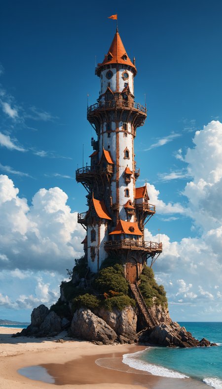 A tall Wizard tower on a beach, on a deserted island, in the style of precise, detailed architecture paintings, mecha anime, industrial-inspired, dark white and orange, i can't believe how beautiful this is, fragmented planes, sky-blue, deep aesthetic, intricate, highly original, innocent, alive, enhanced, sharp focus, rich cinematic quality, dramatic light