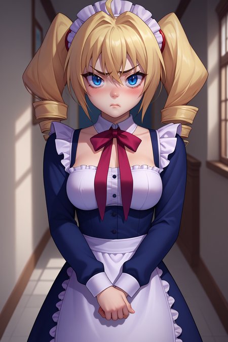 score_9, score_8_up, score_7_up, score_6_up, source_anime BREAK 1girl, solo <lora:ravelphenex-pdxl-nvwls-v1-000004:1> dxdRP, blonde hair, ahoge, twin drills, blue eyes, breasts, maid dress, maid headdress, pout, looking at you, blush, hallway, mansion