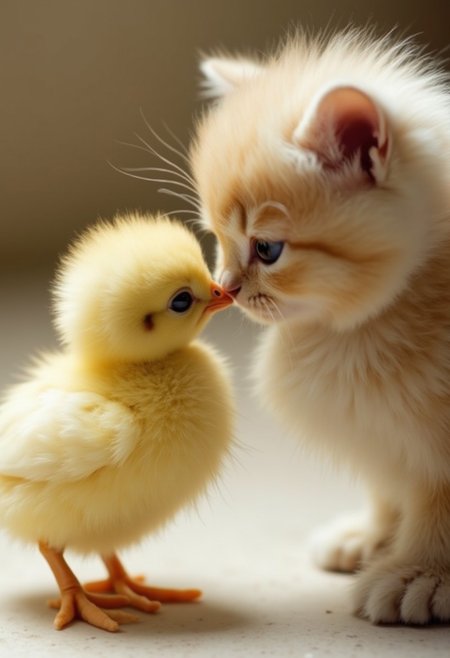 A fluffy yellow baby chick, a cute fluffy kitten soflty patting the baby chick's head in curiosity