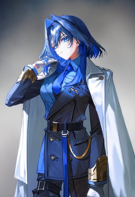 1girl, solo, blue necktie, blue eyes, blue hair, ouro kronii, virtual youtuber, necktie, shirt, coat on shoulders, looking at viewer, jacket, belt, gloves, white gloves, long sleeves, coat, collared shirt, hair intakes, breasts, blue shirt, cowboy shot <lora:quasarcakeXL_NBVP1_lokr_V6311P:0.95>
