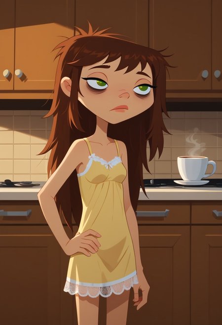 score_9, score_8_up, score_7_up, 1girl, solo,
 brown hair, green eyes, hair down, long hair, 
 perfect hands, show accurate, perfect anatomy, med body,
indoors, small perky breasts, kitchen, hand on hip, loose clothing, wear only lace nightgown, holding a cup of coffee in hand, sleepy eyes, bags under eyes, loose clothes,