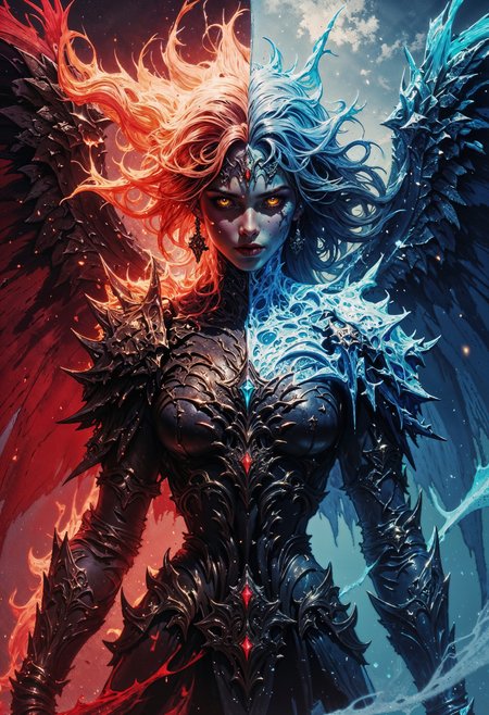 Misty Valley, a close-up of a mysterious female entity, one half of her body and face is beautiful fire goddess angelic appearance, red eyes, flaming hair, the other half of her body and face is frozen, blue icy skin, glowing eye and hair are freezing from cold, cold breath, on her back are wings corresponding to each part of the body. cold atmosphere, cinematic, masterpiece, clear focus  <lora:FluxMythG0thicL1nes:0.6> <lora:RetroAnimeFluxV1:0.6> <lora:FredFraiStyle-FLUX-Share:0.6>  <lora:dark_fantasy_flux:0.6>