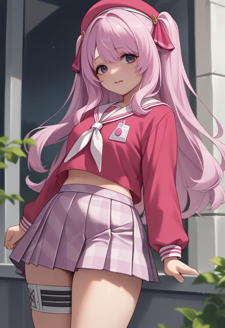 score_9, score_8_up, score_7_up, source_anime, BREAK 1girl, solo, <lora:yuni-nikke-richy-v1_pdxl:1> yunipp, purple eyes, pink hair, long hair, two side up, bangs, pink hat, hair ornament, mole under mouth, pink shirt, plaid skirt, pleated skirt, white neckerchief, serafuku, white thigh strap, midriff peak