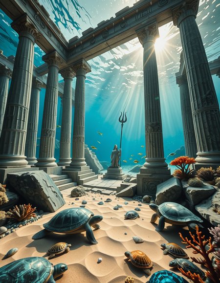 An ancient underwater Temple of Poseidon, partially buried in sand and coral at the bottom of the Aegean Sea. Massive marble columns, some broken, others still standing, encrusted with seashells and marine life. Soft sunlight filtering through the ocean surface above, casting shimmering rays over the temple ruins. Colorful fish and sea turtles swimming peacefully around. The atmosphere is mystical and serene, with a bluish-green hue dominating the scene. A statue of Poseidon with a trident stands at the center of the temple, covered in algae and marine growth. Realistic style, high detail, cinematic lighting, wide-angle view.
<lora:SDXLFaeTastic2400:0.4> <lora:extremely_detailed:0.4> extremely detailed,underwater Temple of P0s31d0n, <lora:underwater_Temple_of_P0s31d0n-i:1>, Masterpiece,best quality,hi res,8k,hi res,8k,award winning,(sharp focus, intricate, highly detailed),