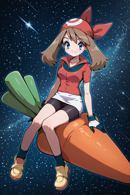[used img2img] masterpiece, best quality, looking at viewer, smile,    may (pokemon), red shirt, 1girl, bandana, bike shorts, red bandana, gloves, skirt, space, sitting on a big floating carrot, stars,   ,<lora:LittleMyMay_KarotConCarneIL:1.0>,